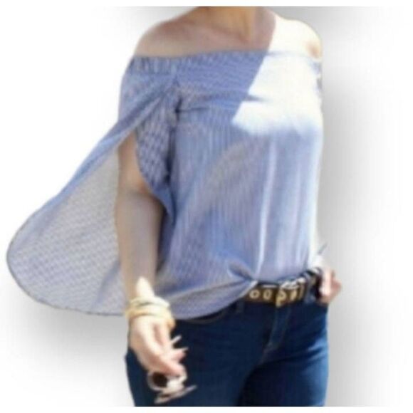 MERONA OFF THE SHOULDER TULIP SLEEVE GRAY & WHITE STRIPE TOP SZ.XS EUC - Picture 2 of 2